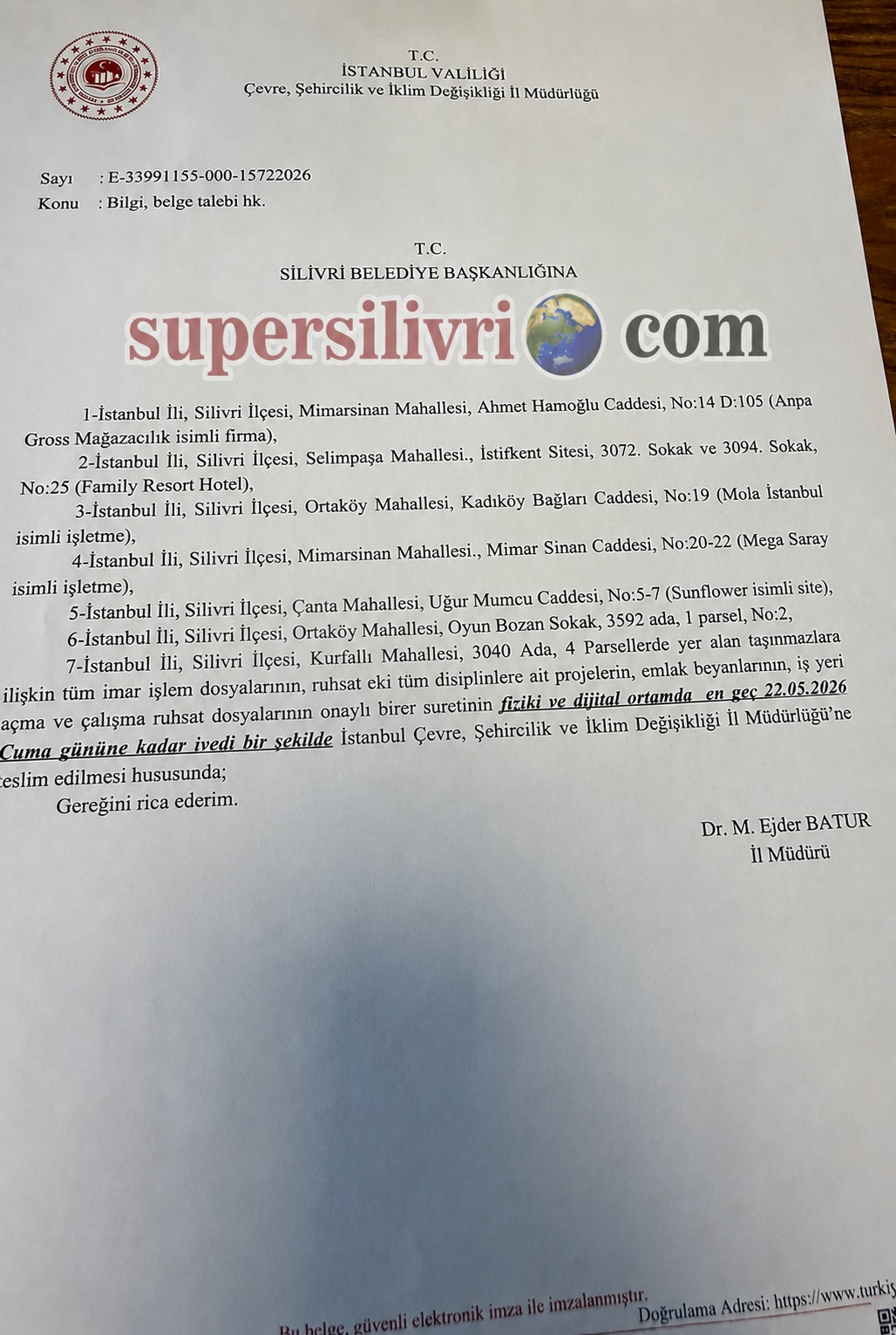 Çevre ve Şehircilik İl Müdürlüğü'nden Silivri Belediyesi'ne İmar Dosyaları Talebi