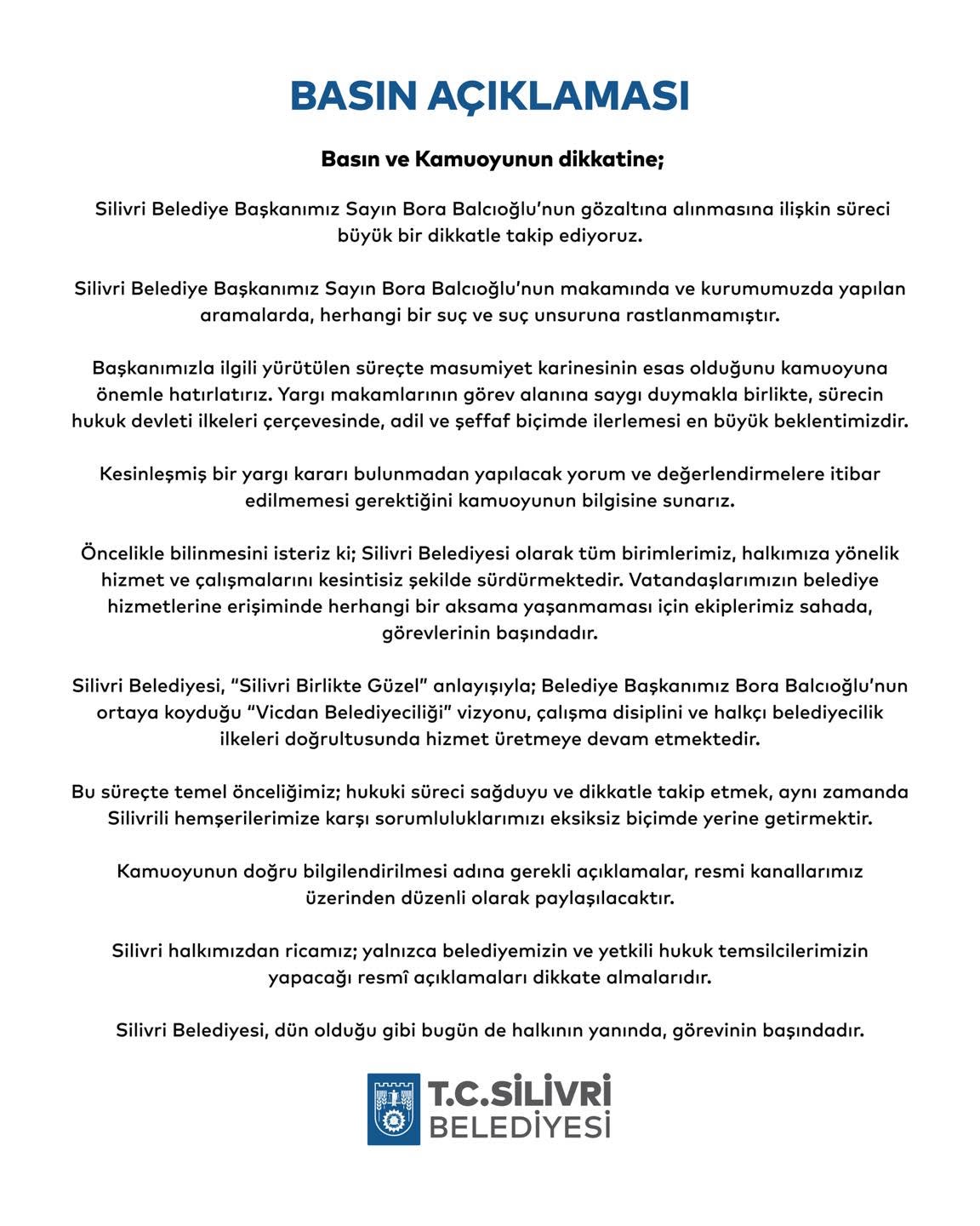 Silivri Belediyesi’nden Bora Balcıoğlu Açıklaması: “Hizmetler Kesintisiz Devam Ediyor”